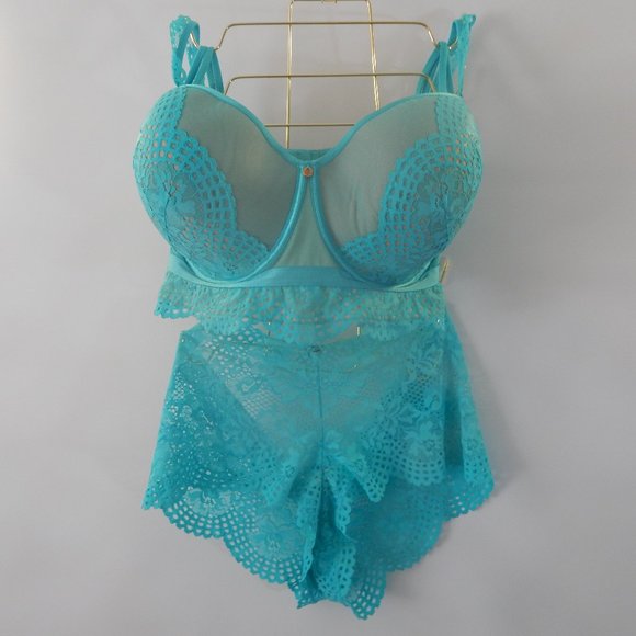 Lane Bryant Cacique Lace Aqua Turquoise Bustier Bra Panty Set Plus